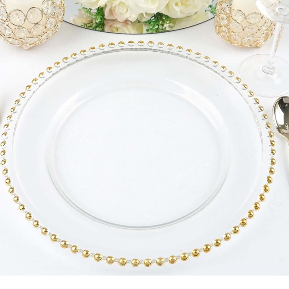 4     Clear  Charger Plate with Gold Beaded Rim